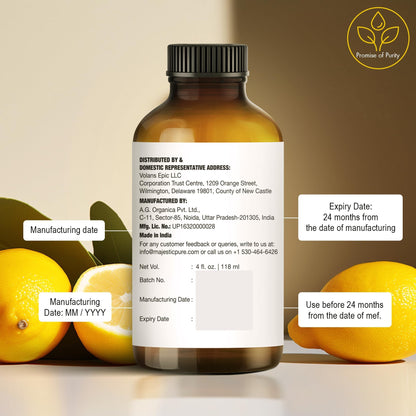 Majestic Pure Lemon Essential Oil - Huge 118 ml - 100% Pure and Natural Oil for Soap Making Scent- Premium Grade with Glass Dropper