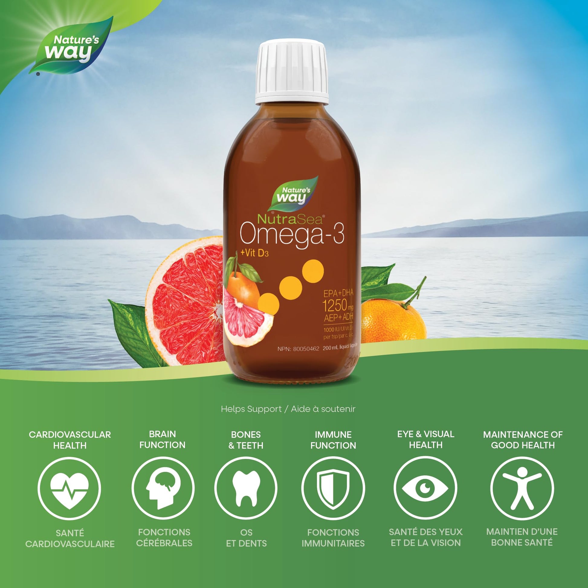 Nature's Way NutraSea Omega 3 + Vitamin D Fish Oil Liquid Supplement – Grapefruit Tangerine Flavour – 1250mg EPA & DHA + 1000IU D3, 200 mL Nature's Way