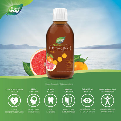 Nature's Way NutraSea Omega 3 + Vitamin D Fish Oil Liquid Supplement – Grapefruit Tangerine Flavour – 1250mg EPA & DHA + 1000IU D3, 200 mL Nature's Way