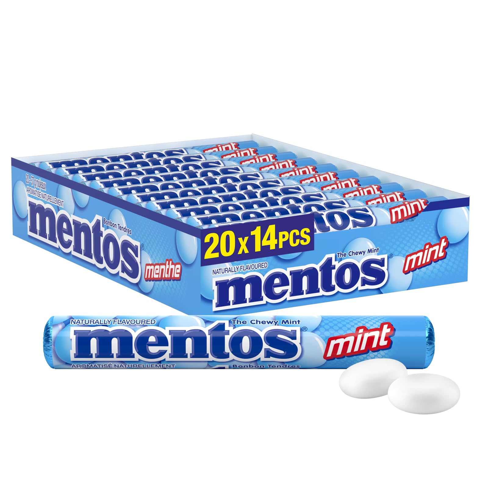 Mentos Chewy Mints, Mint - Pack of 20 Rolls (280 Pieces), 37g per roll - Available at All In One Marketplace Canada
