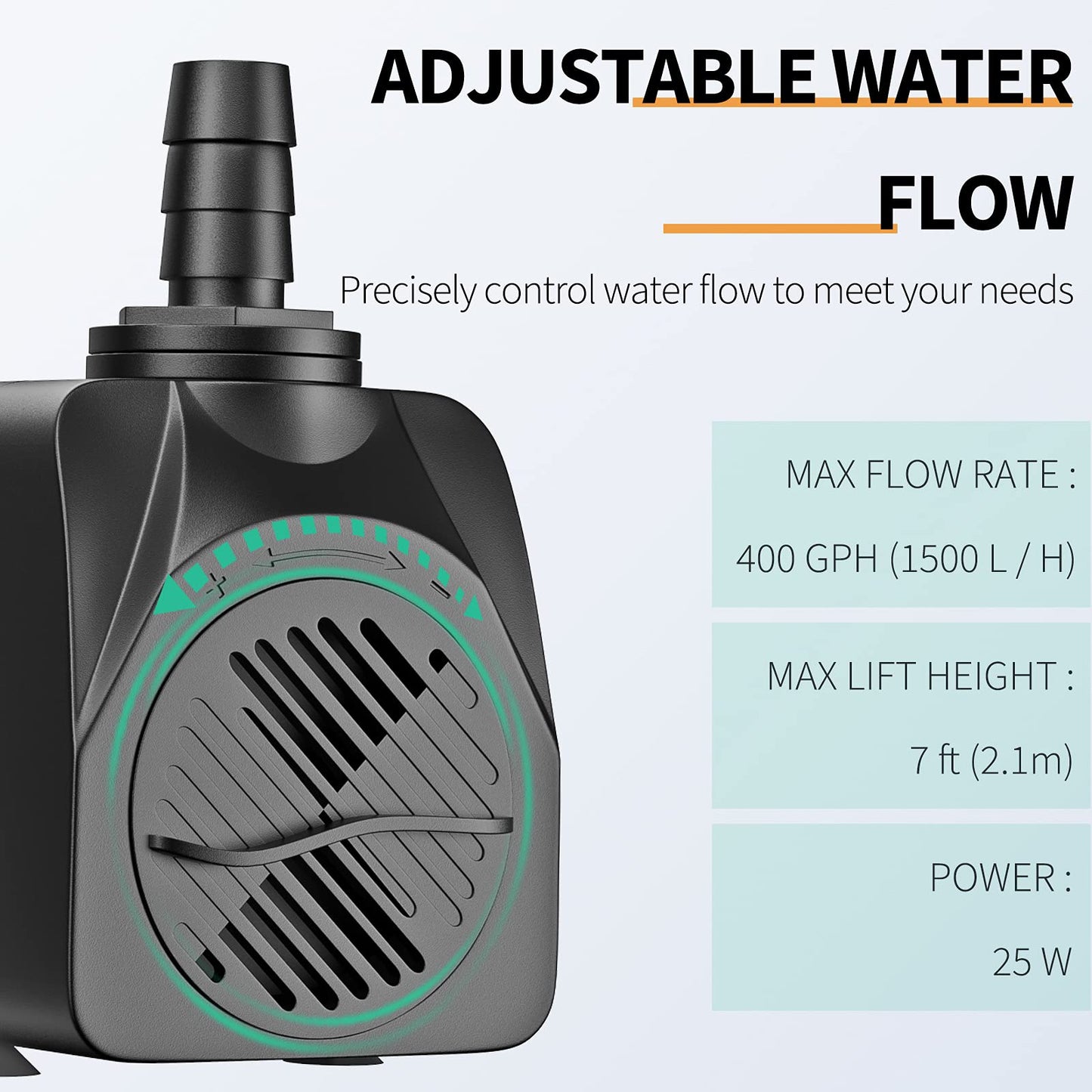 Pawfly 400 GPH Submersible Water Pump 25W 7ft. High Lift Quiet Pump with 6ft Power Cord for Fountain Aquarium Fish Tank