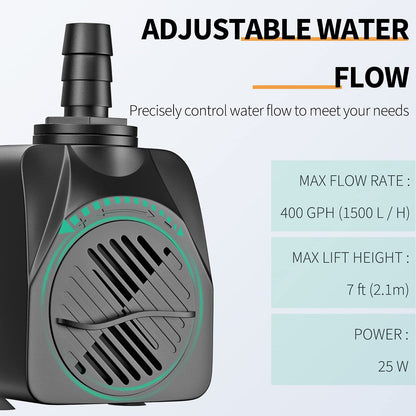 Pawfly 400 GPH Submersible Water Pump 25W 7ft. High Lift Quiet Pump with 6ft Power Cord for Fountain Aquarium Fish Tank
