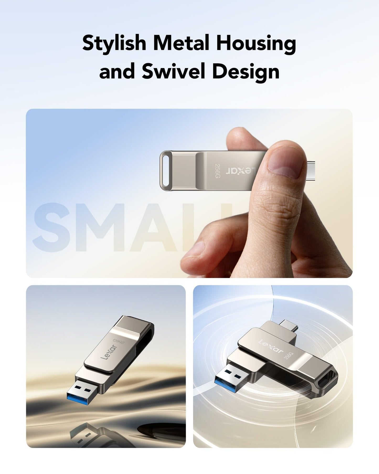 Lexar D40E 256GB Dual USB 3.2 Gen 1 Type-C Jump Drive, USB-C Flash Metal Housing Swivel Design Thumb Drive (Champagne Silver)