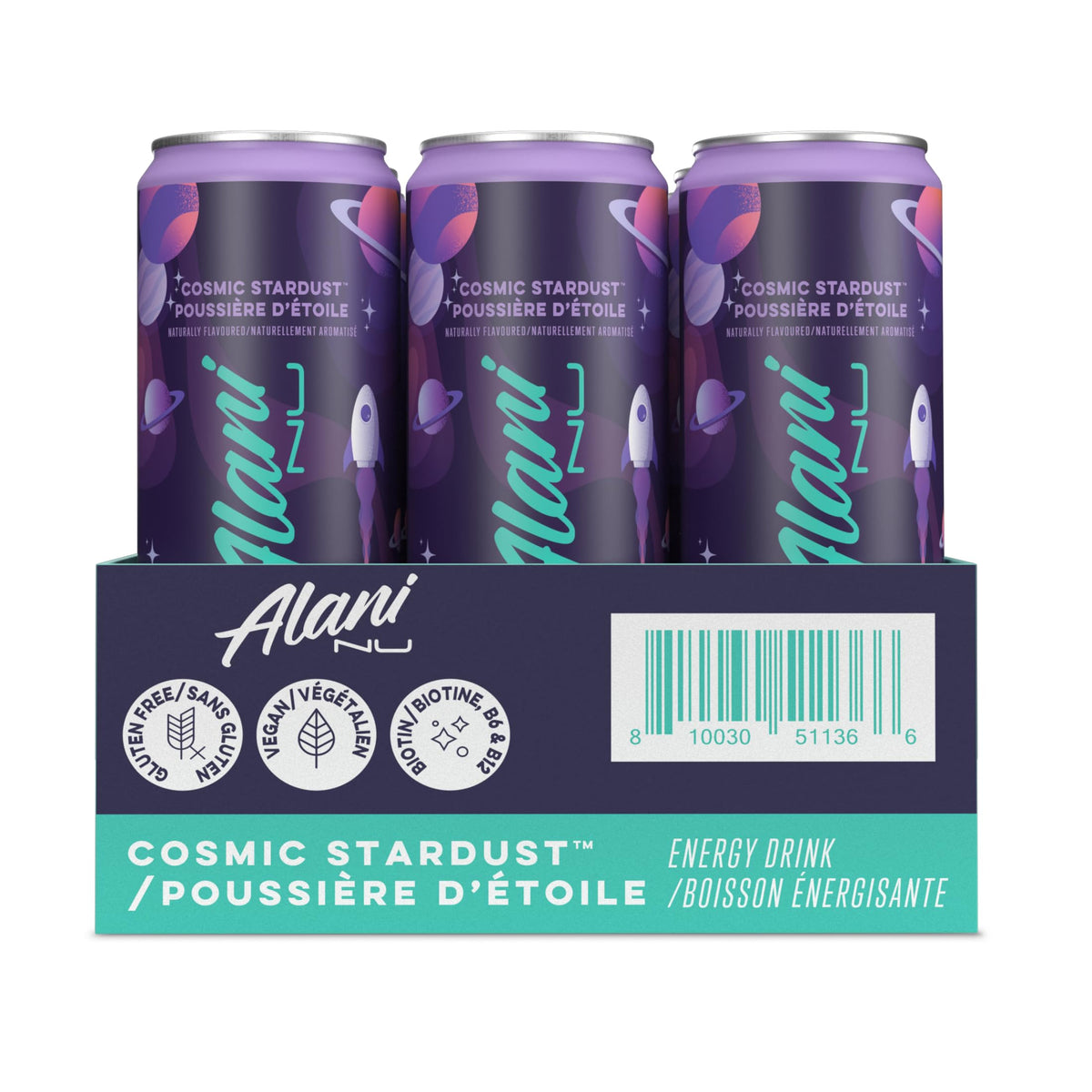 Alani Nu COSMIC STARDUST Sugar Free, Low Calorie Energy Drinks | 140mg Caffeine | Pre Workout Performance with Antioxidants | Biotin B Vitamins | Zero Sugar | 10 Calories | 355mL (12 Pack)