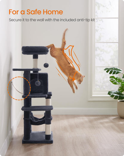 Feandrea Cat Tree Tower, 112 cm, 2 Perches, Hammock, Smoky Gray