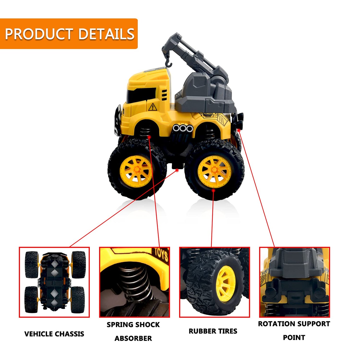 Construction Monster Truck Toys - 4pcs Excavator, Mixer, Crane, Dump Trucks Toy | Push and Go Friction Powered Cars Stunt Vehicles Playset | Kids Birthday Party Favors Gifts for 3+ Year Old Boys Girls - Available at All In One Marketplace Canada