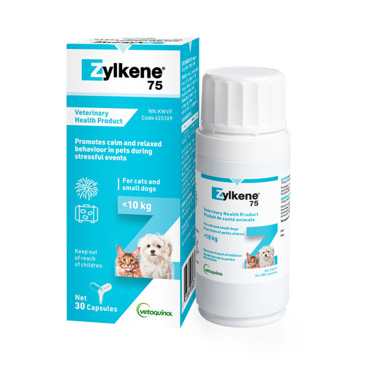 Vetoquinol Zylkene – Veterinary Health Product - Calm and Relaxed Behaviour in Pets During Stressful Events - 75 mg - Cats and Small Dogs - 30 Caps