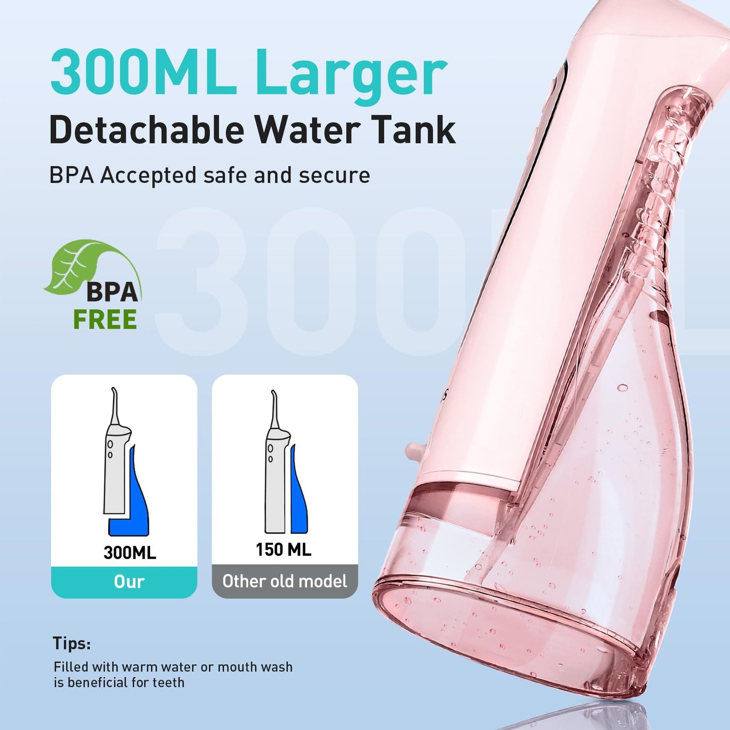 COSLUS Water Teeth Flosser C20 (F5020E): 300ML Electric Water Tooth Floss Cordless Jet Flossers for Teeth Cleaning IPX7 Waterproof Rechargeable Portable Travel Floss Light-Pink