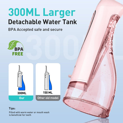 COSLUS Water Teeth Flosser C20 (F5020E): 300ML Electric Water Tooth Floss Cordless Jet Flossers for Teeth Cleaning IPX7 Waterproof Rechargeable Portable Travel Floss Light-Pink