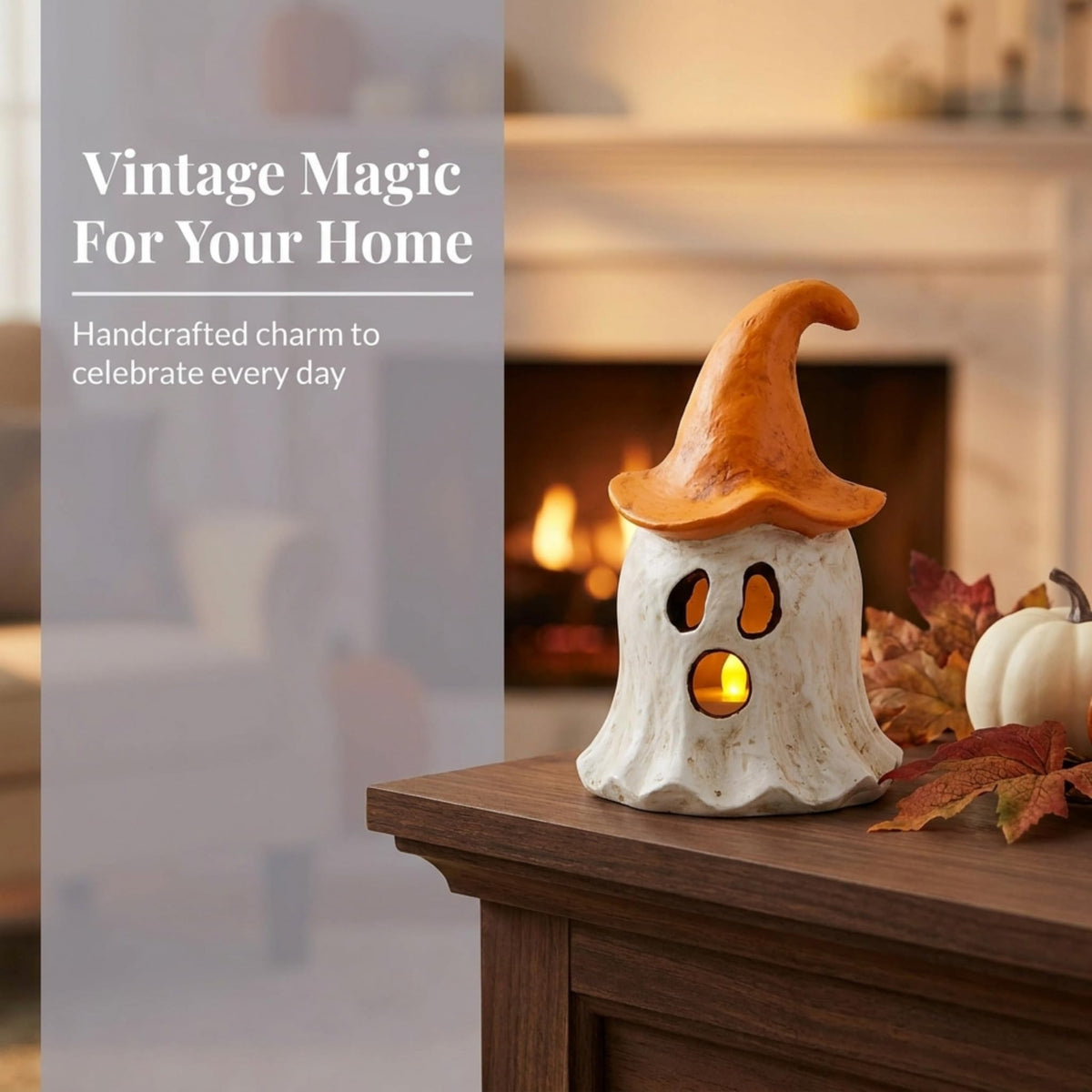 Mud Pie Halloween Lantern, Orange Ghost Witch Lantern, 3.75 x 6.75 Inch