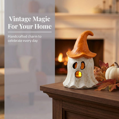 Mud Pie Halloween Lantern, Orange Ghost Witch Lantern, 3.75 x 6.75 Inch