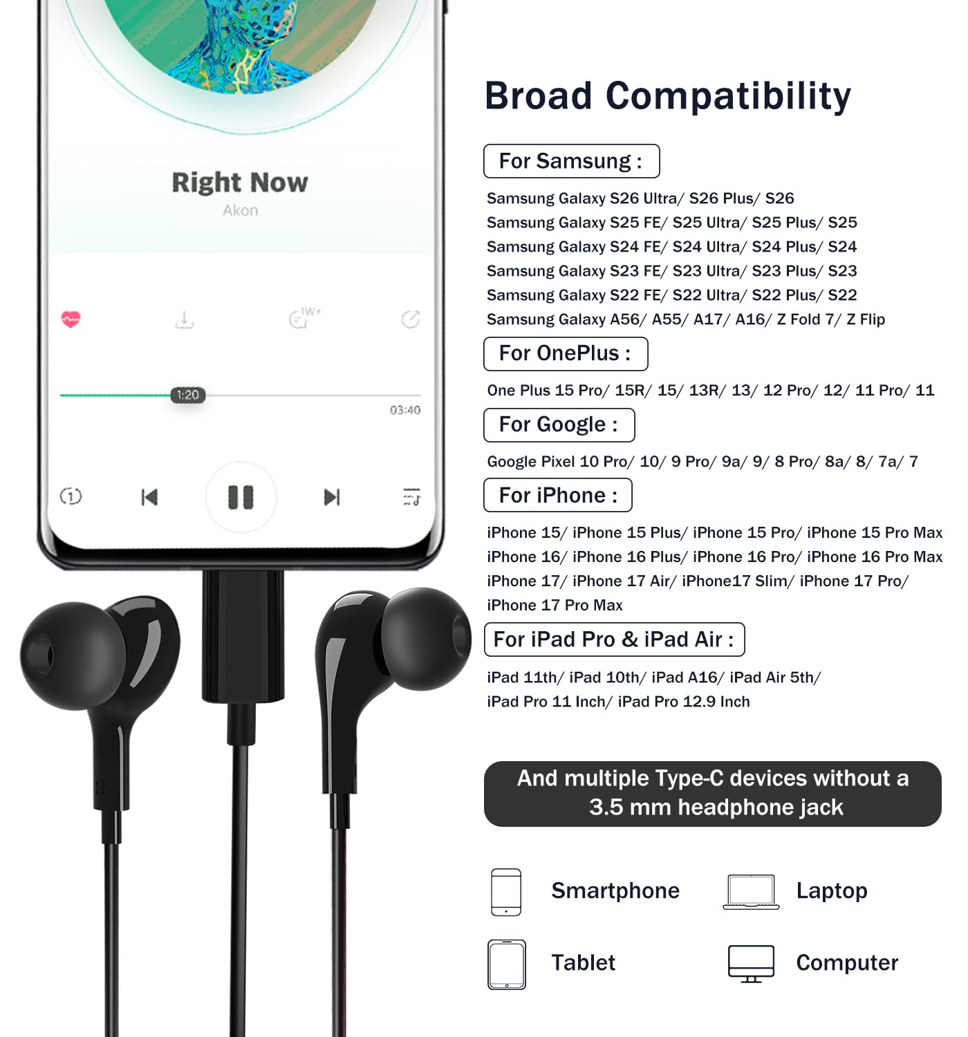 USB C Headphones for Samsung Galaxy S26 Ultra S25 S23 S22 S24 S21 A56 A55 A26 A35 A16 5G Magnetic in-Ear USB C Earbuds with Microphone Type C Earphones for iPhone 15 16 17 Pro Max Pixel 9 8 7 6 Pro