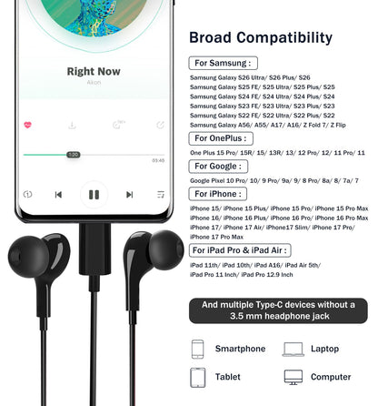 USB C Headphones for Samsung Galaxy S26 Ultra S25 S23 S22 S24 S21 A56 A55 A26 A35 A16 5G Magnetic in-Ear USB C Earbuds with Microphone Type C Earphones for iPhone 15 16 17 Pro Max Pixel 9 8 7 6 Pro