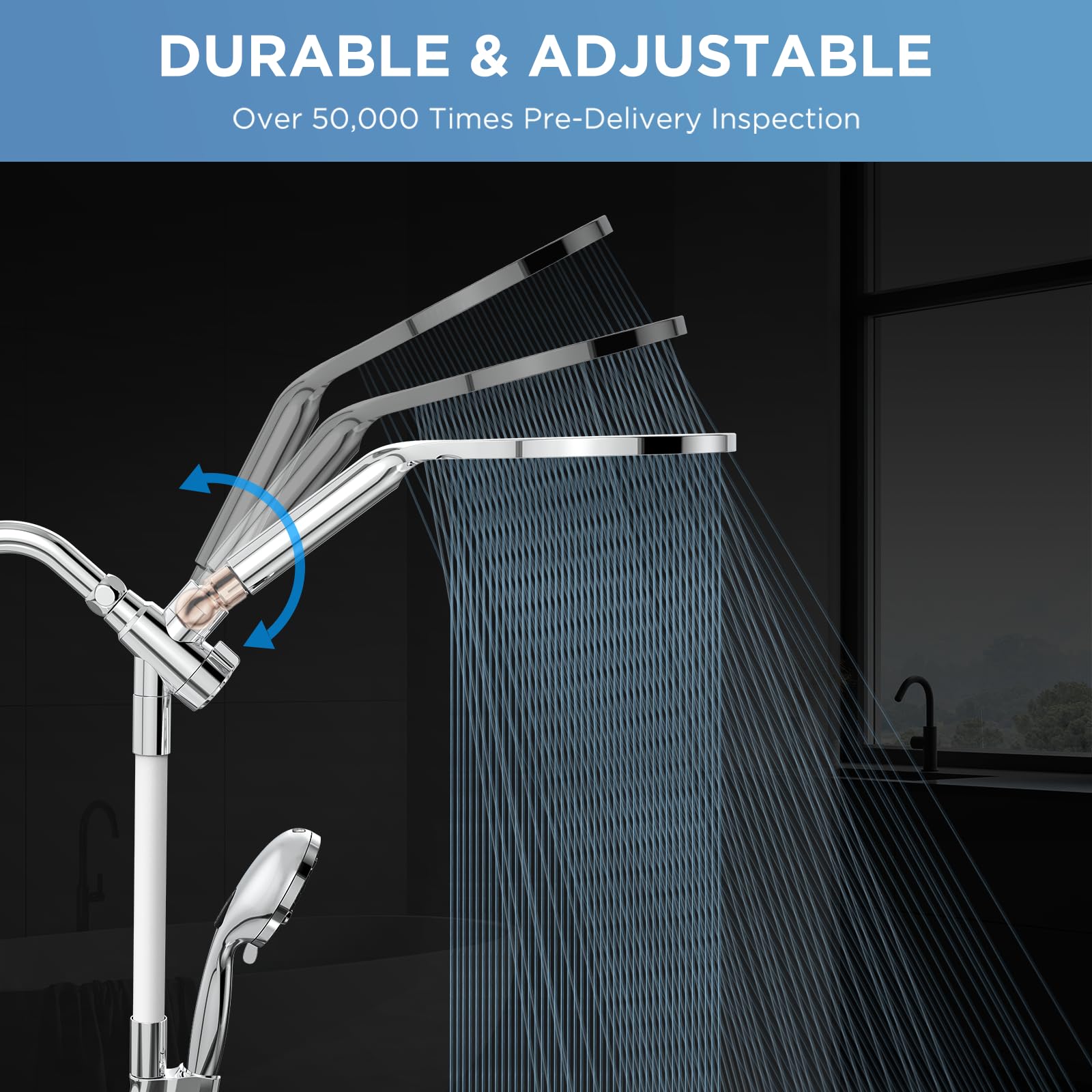 MakeFit Rain Shower Heads System, 3-Spray Dual Shower Head with Solid Brass Adjustable Bar, Rainfall Showerhead with 10 Settings High Pressure Handheld Spray, Buit-in Power Wash Mode (Chrome)