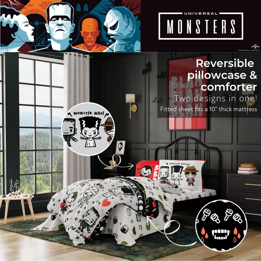 Universal Little Monsters Halloween 5 Piece Twin Bedding Set - Super Soft Cozy Reversible Comforter and Sheet Set with Sham, (Officially Licensed Product) by Franco