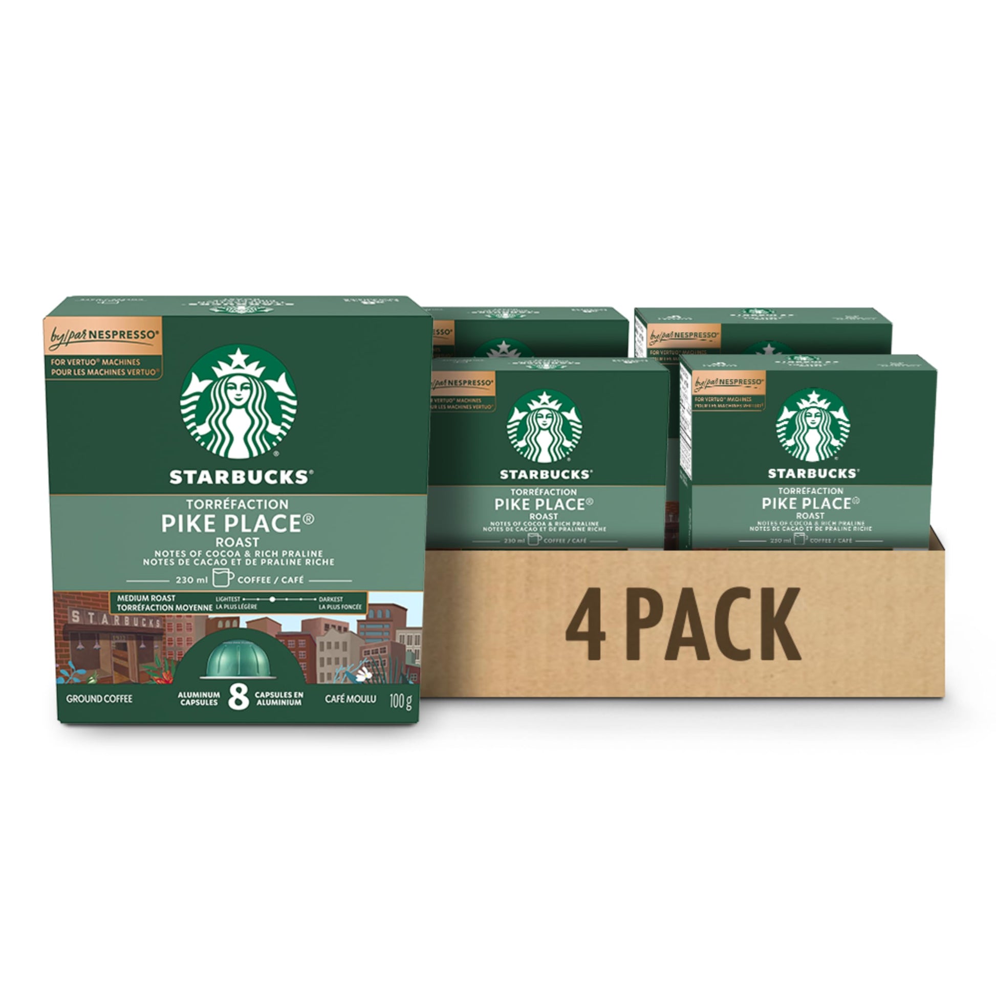 Starbucks Pike Place Roast Medium Roast Coffee Capsules for Nespresso Vertuo – 32 Pods (4 Boxes of 8)