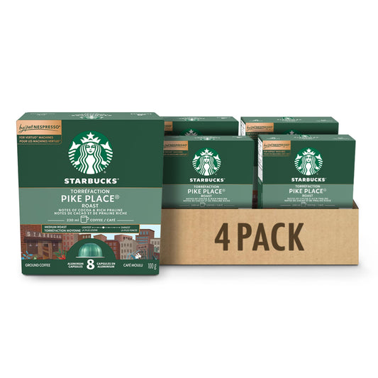 Starbucks Pike Place Roast Medium Roast Coffee Capsules for Nespresso Vertuo – 32 Pods (4 Boxes of 8)
