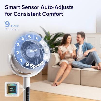Levoit Standing Fan for Bedroom, CirculAir 120° Oscillating, Quiet 20dB, 9 Speeds, 4 Modes, DC Motor, 2 in 1 Pedestal & Tabletop, 82ft, Remote Control, Sensor, 9H Timer, 908CFM Ultra-High Airflow