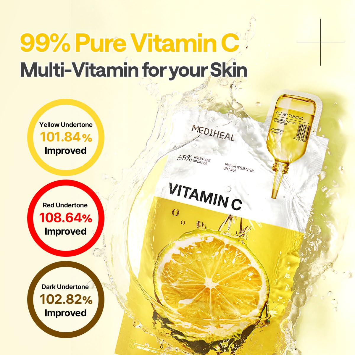 MEDIHEAL Vitamin C Essential Face Mask - Brightening & Hydrating Facial Mask for Blemish & Uneven Skin Tone, Clear Toning with Niacinamide, Vegan, Korean Skincare for Women (10 Sheets)