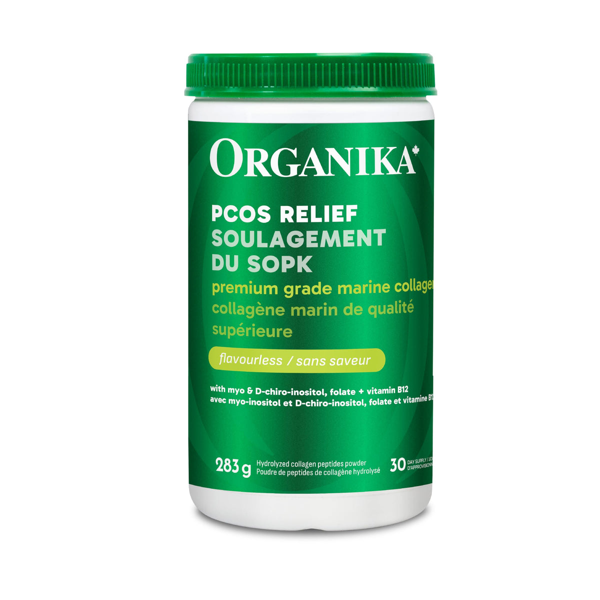 Organika Canadian-Made Marine Collagen PCOS Relief Powder - Clinically Researched 40:1 Inositol Blend, Folate, B12 - Helps support Hormone Balance, Menstrual Cycle and Fertility - 283g