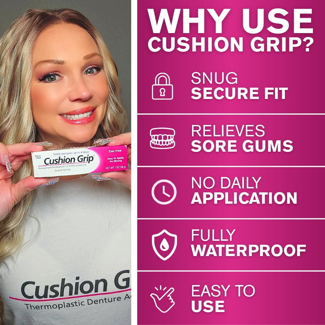 Cushion Grip Thermoplastic Denture Adhesive – Refits & Tightens Loose Dentures, Works Like a Denture Reliner for a Long-Lasting, Secure Fit, Cushions Gums, Waterproof & Zinc-Free - 1 oz - Available at All In One Marketplace Canada