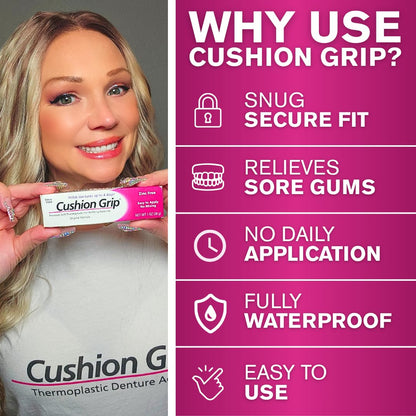 Cushion Grip Thermoplastic Denture Adhesive – Refits & Tightens Loose Dentures, Works Like a Denture Reliner for a Long-Lasting, Secure Fit, Cushions Gums, Waterproof & Zinc-Free - 1 oz - Available at All In One Marketplace Canada