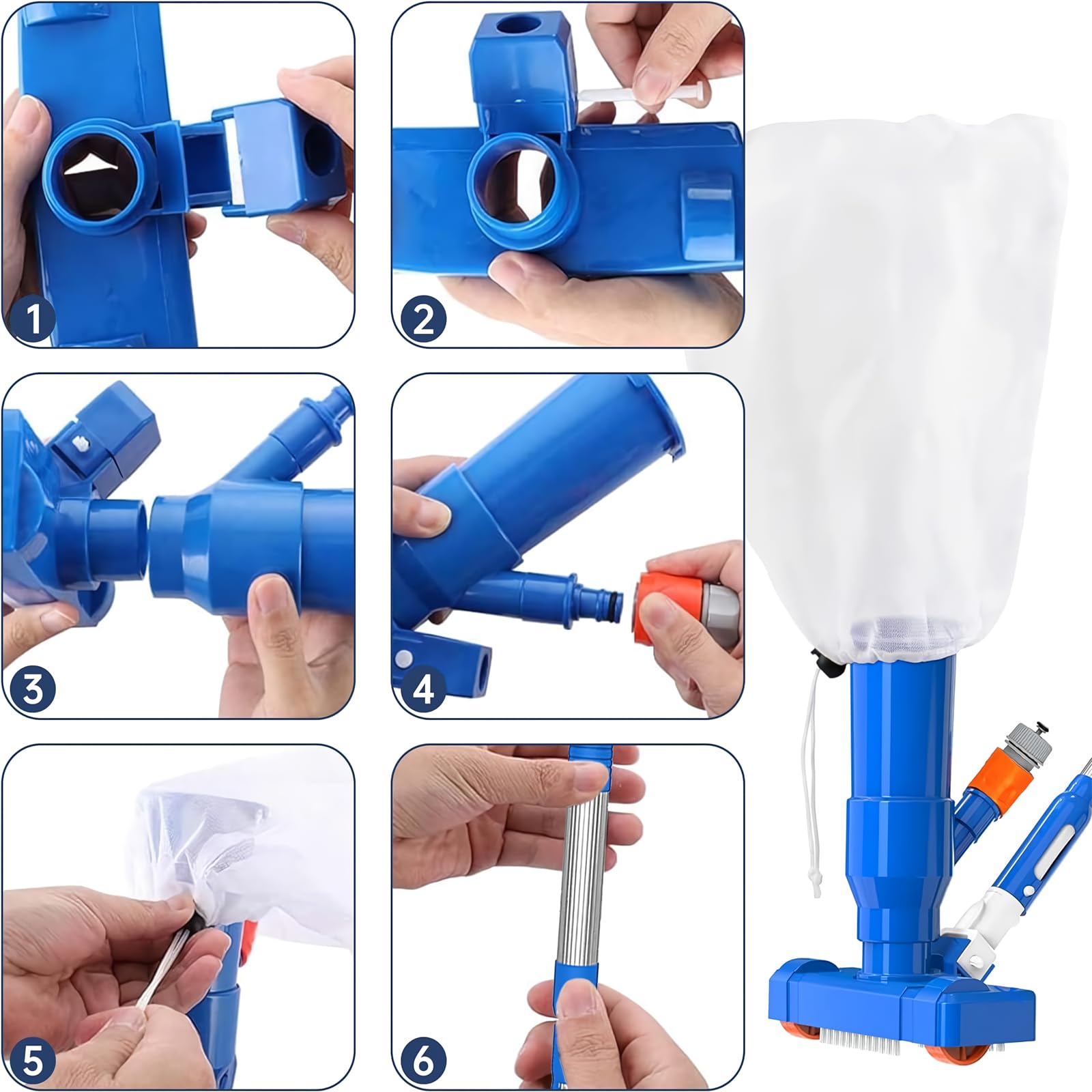 60" Portable Pool Vacuum Jet Underwater Cleaner and Leaf Skimmer Net (No Garden Hose Included), 4 Section Pole of Hand Held Portable Vacuum Pool Cleaner for Above Ground Pool Spa Pond Fountain Hot Tub
