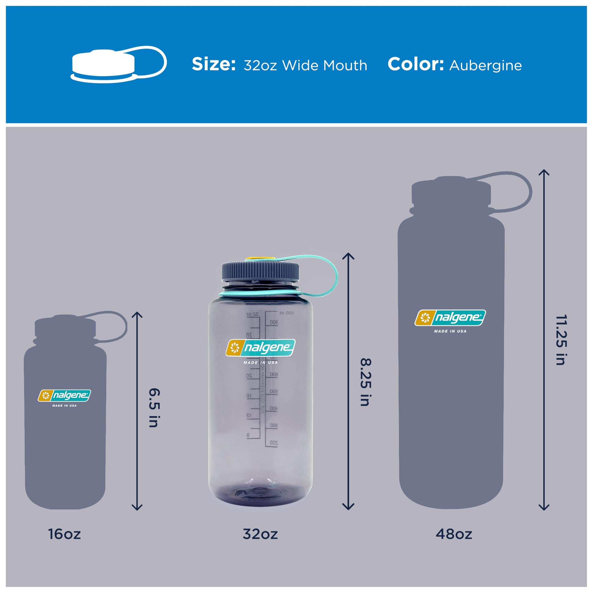 Nalgene Sustain Tritan BPA-Free Water Bottle Made with Material Derived from 50% Plastic Waste, 32 OZ, Wide Mouth, Aubergine