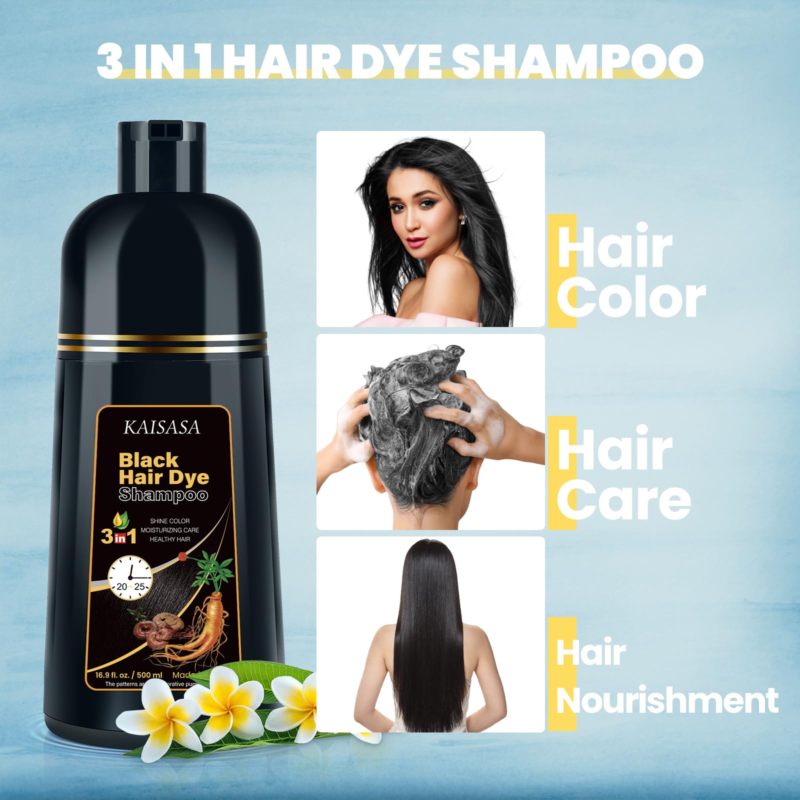 Black Hair Dye Shampoo 3 in 1, Natural Hair Dye Semi Permanent Hair Color shampoo, 100% Gray Hair Cover Up for Treated Hair Color for Women Men, 500ML - Available at All In One Marketplace Canada