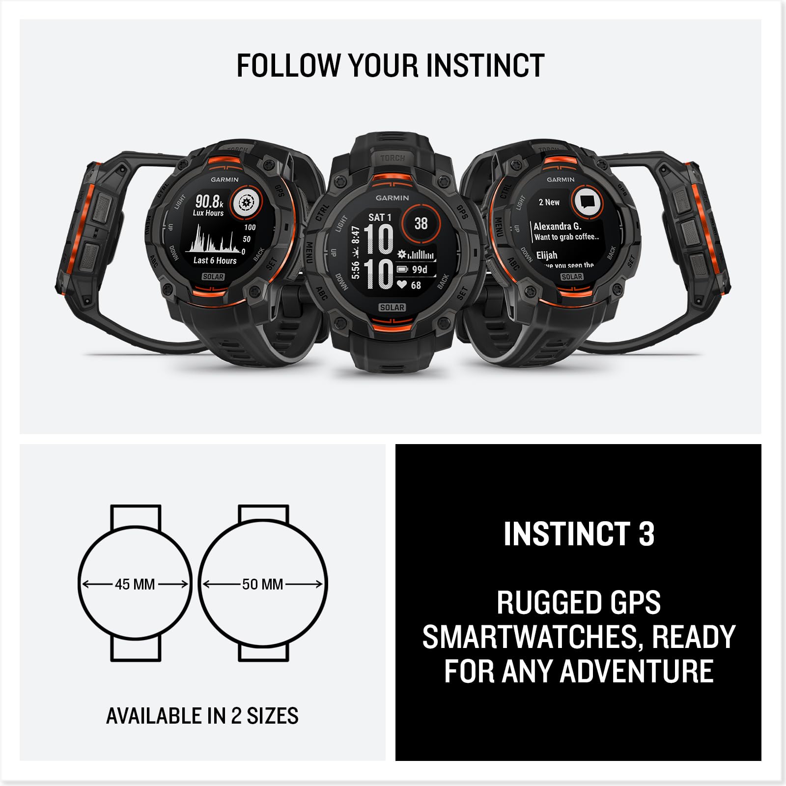Garmin Instinct® 3 45mm, Solar Charged Display, Rugged Outdoor GPS Smartwatch, Metal-Reinforced Bezel, Built-in Flashlight, Black Garmin