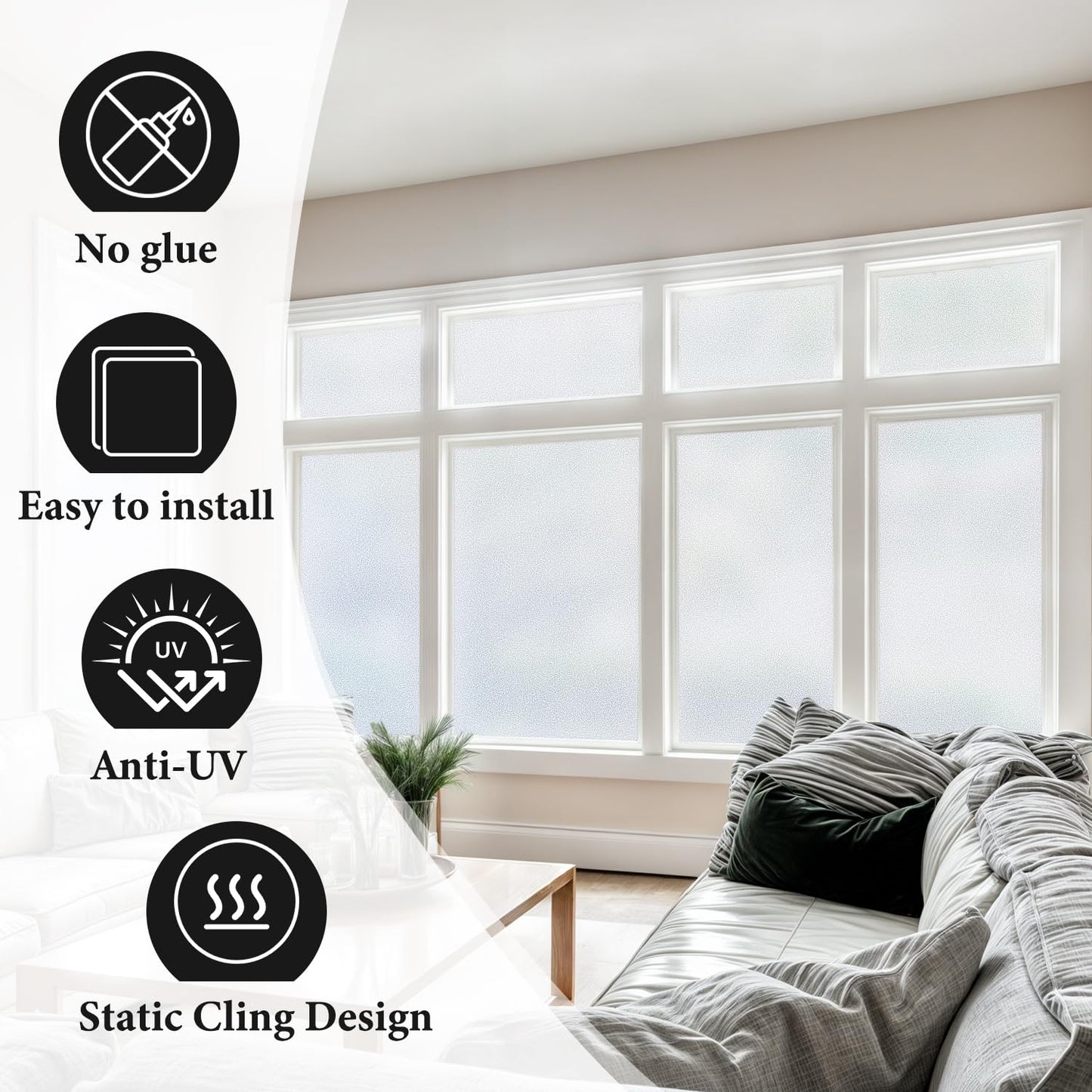 DUOFIRE Privacy Window Film Frosted Glass Film Static Cling Glass Film No Glue Anti-UV Window Sticker Non Adhesive for Privacy Office Meeting Room Bathroom Living Room, Pure Frosted 44.3 x 200cm