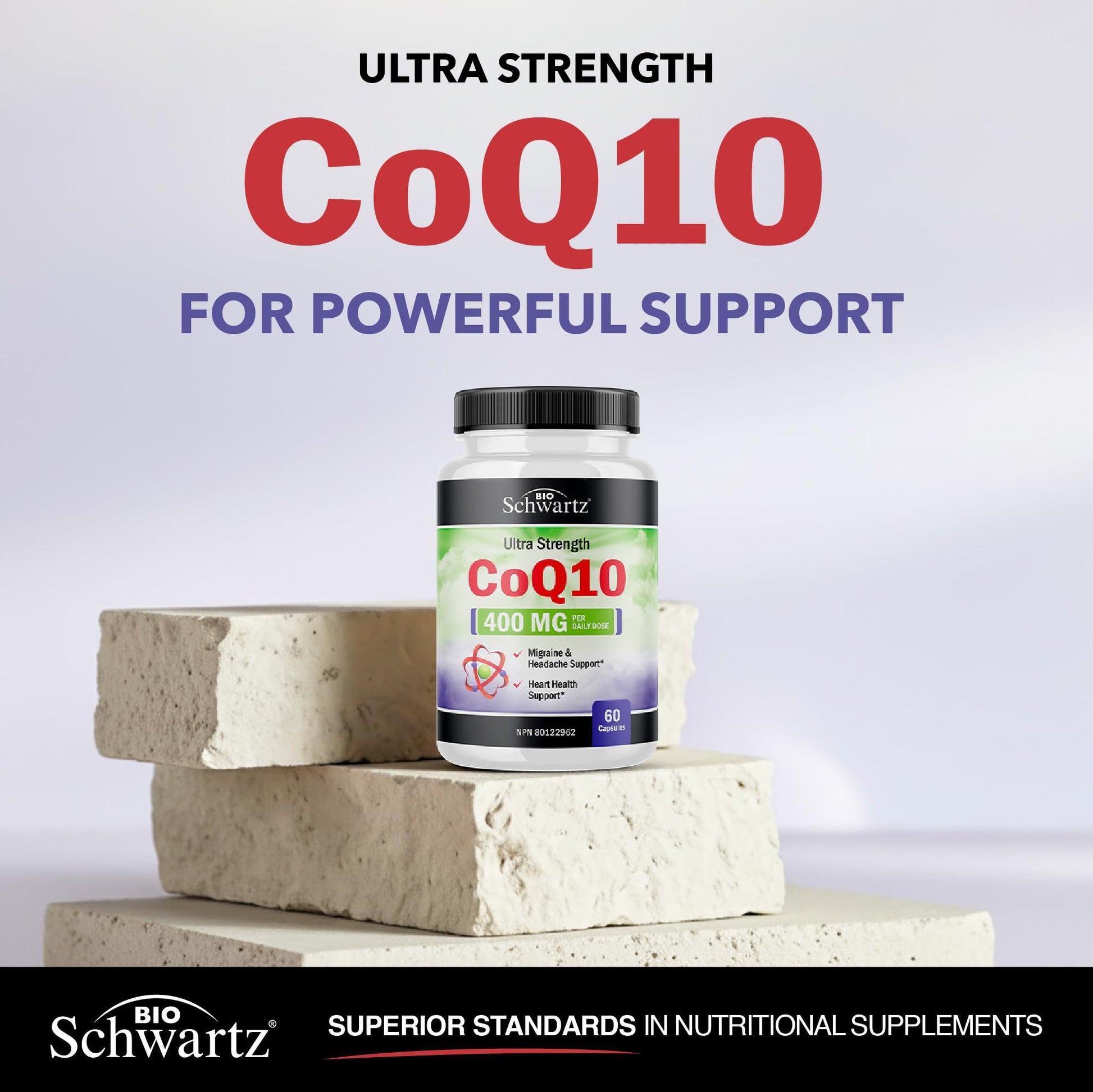 CoQ10 Supplement | Ultra Strength 400MG Per Daily Dose | Migraine, Headache & Heart Health Support | Coenzyme Q10 to Reduce Migraine Frequency & Support Cardiovascular Health | Made in Canada & Non-GMO | 30 Day Supply | 60 Ct - Available at All In One Marketplace Canada