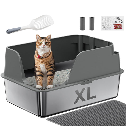 Stainless Steel Cat Litter Box with Lid, XL Litter Box for Big Cats, High Sided Metal Pan, Anti Leakage,Odor-Free & Easy Cleaning,Included Scoop &Trash Bag*2 & Mat & Sticker (Grey)