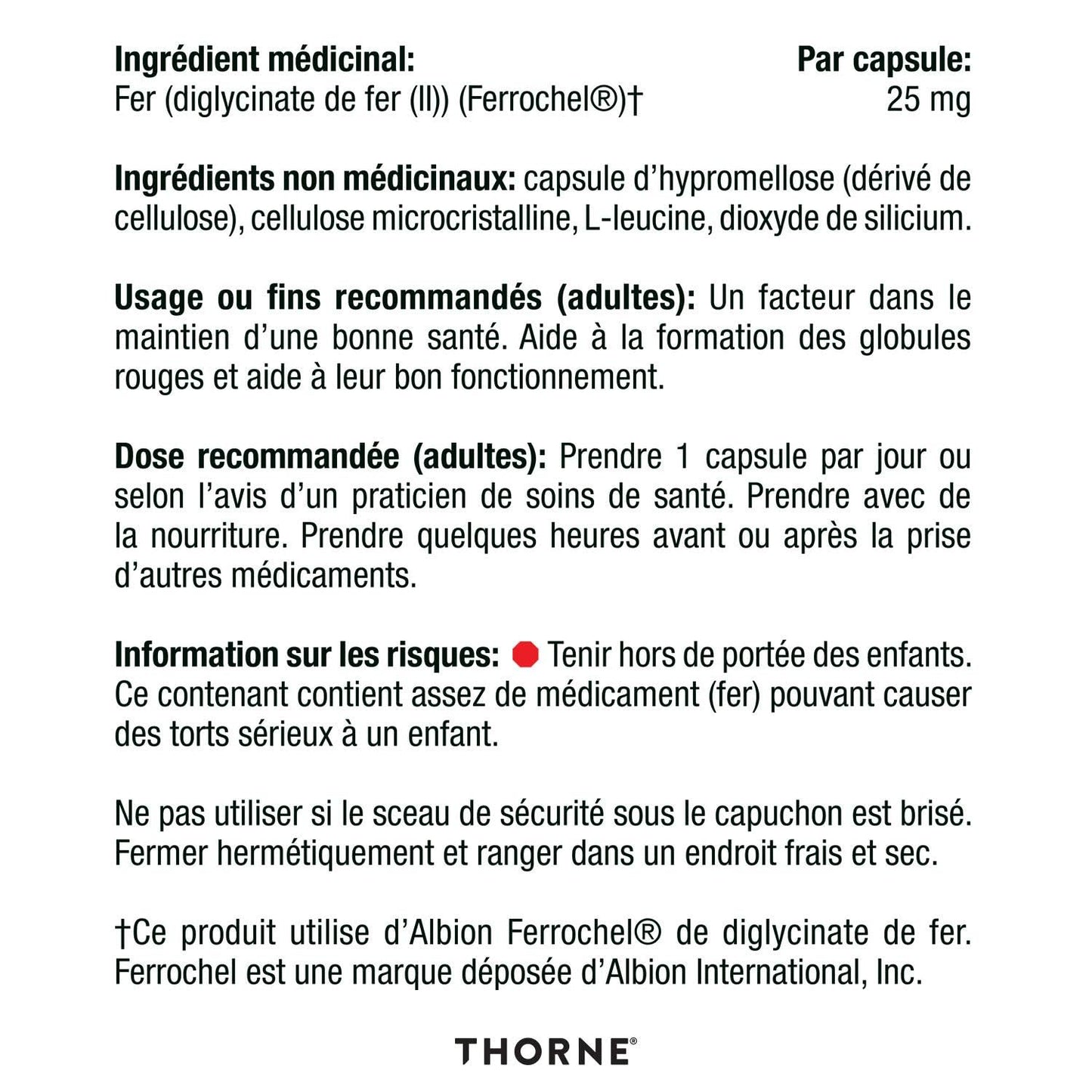 Thorne Iron Bisglycinate - 25 mg Iron Supplement for Enhanced Absorption Without Gastrointestinal Side Effects - 60 Capsules - 60 Servings - Available at All In One Marketplace Canada