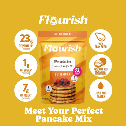 Flourish Protein Pancake & Waffle Mix with Whey Protein, No Added Sugar, High in Fiber - Just Add Water - Buttermilk Flavour, 430 g Each (2 Pack) - Made in Canada