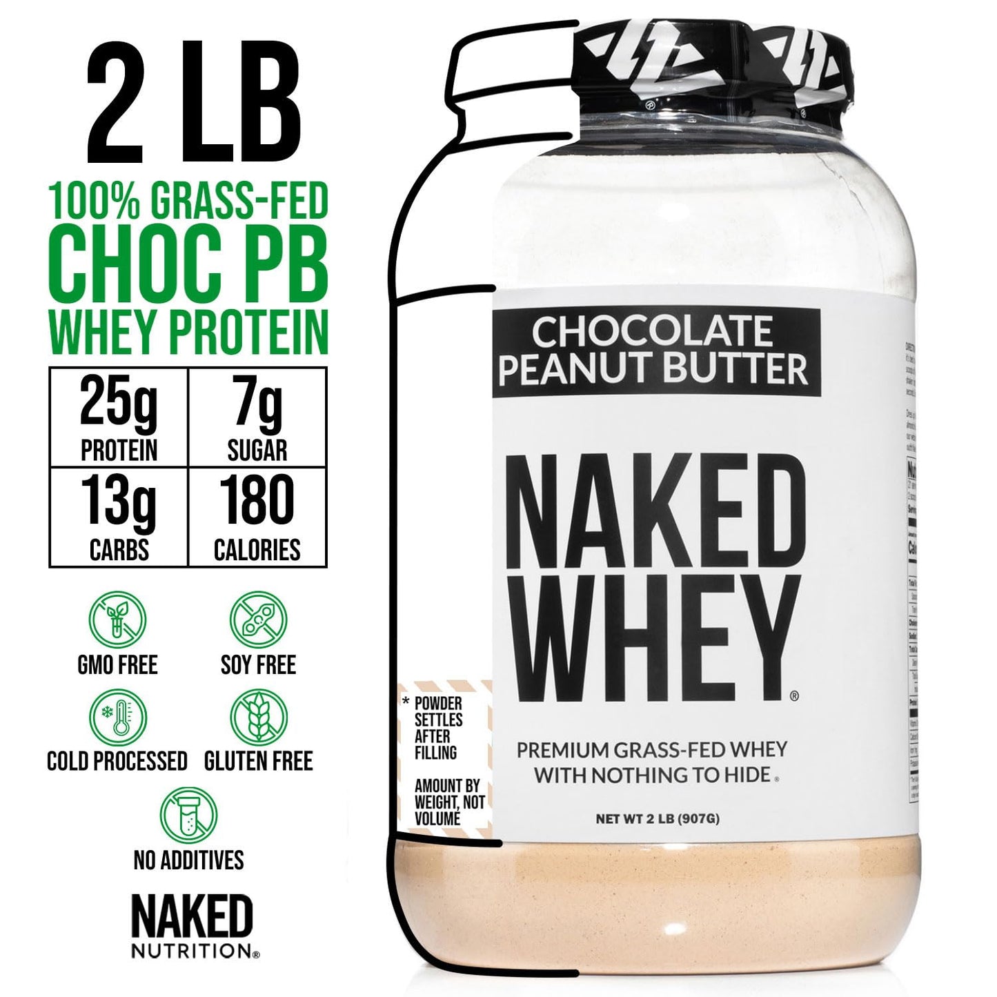 Chocolate Peanut Butter Whey Protein Powder 2LB - Grass Fed, All Natural, Gluten Free