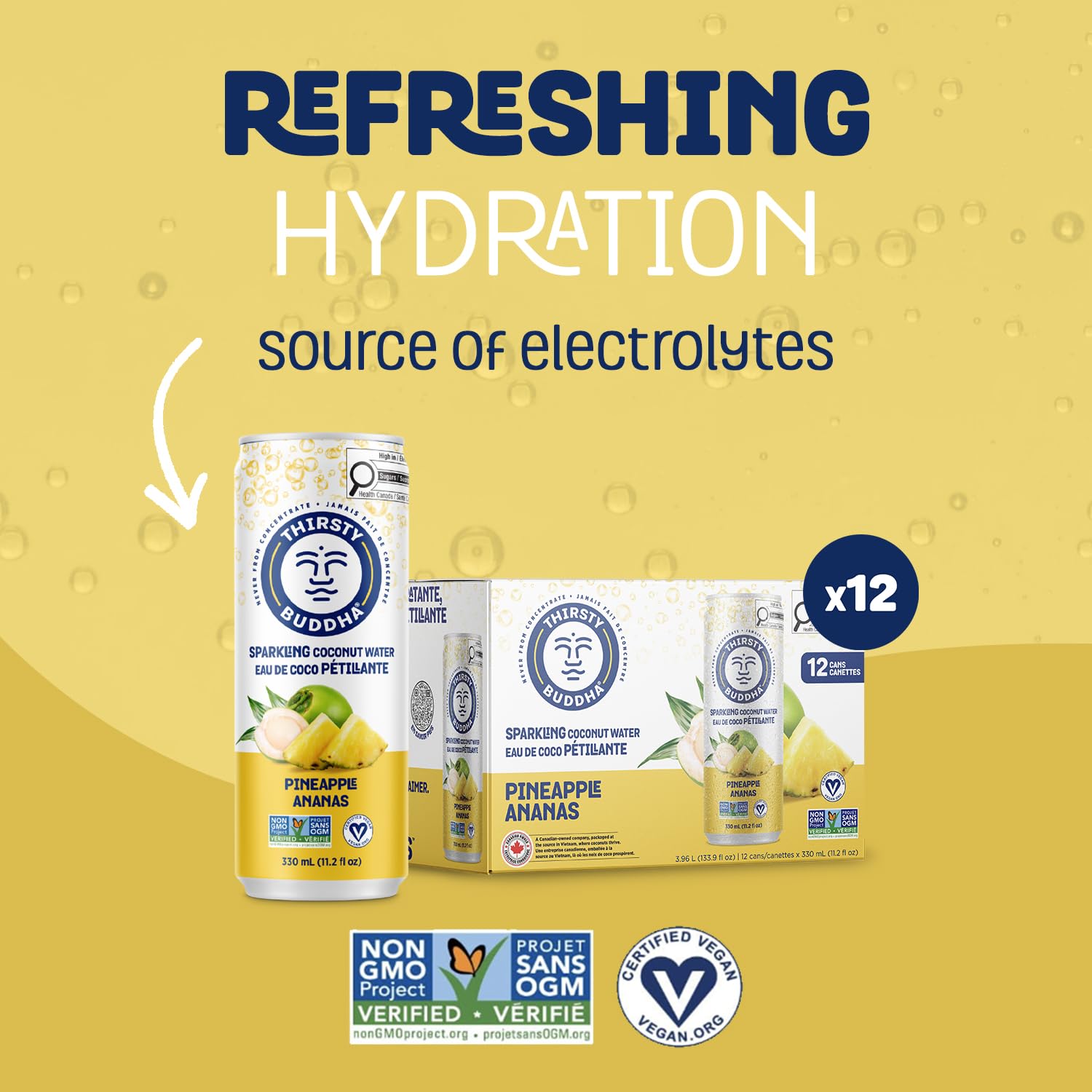 THIRSTY BUDDHA Sparkling Coconut Water with Pineapple – Sugar-Free, Electrolyte-Rich Hydration, 12 Pack (12 x 330ml)