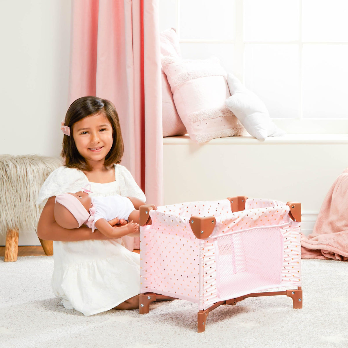LullaBaby Doll Playpen, Folding Pink Baby Doll Crib, Star Print Design