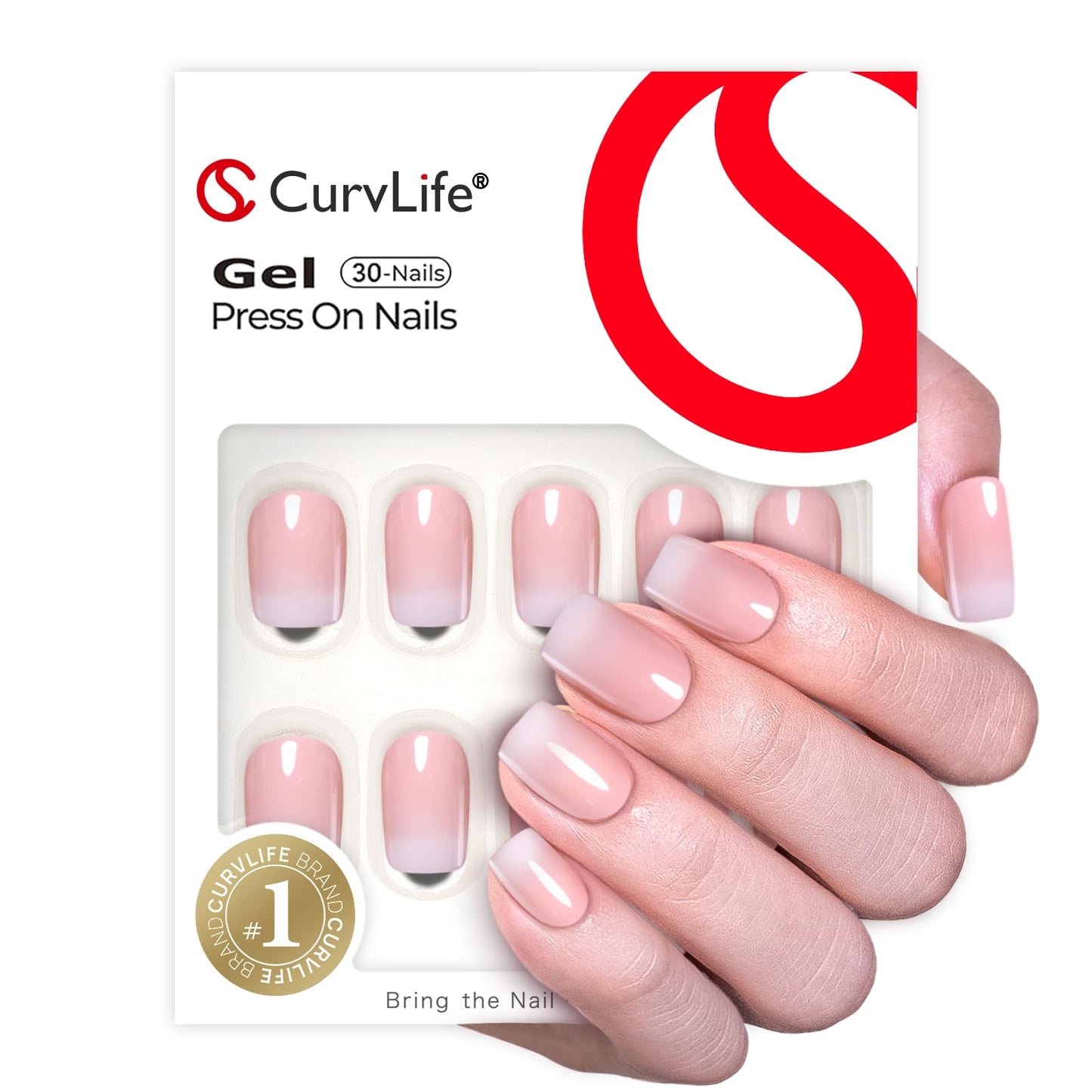Curvlife 30pcs Short Press On Nails, Shining Stick on Fake Nails Design Glossy Acrylic Nails Tips Glue on Square Press on Nails For Women False Nail Kit With Nail Glue (French Gradient Pink) - Available at All In One Marketplace Canada