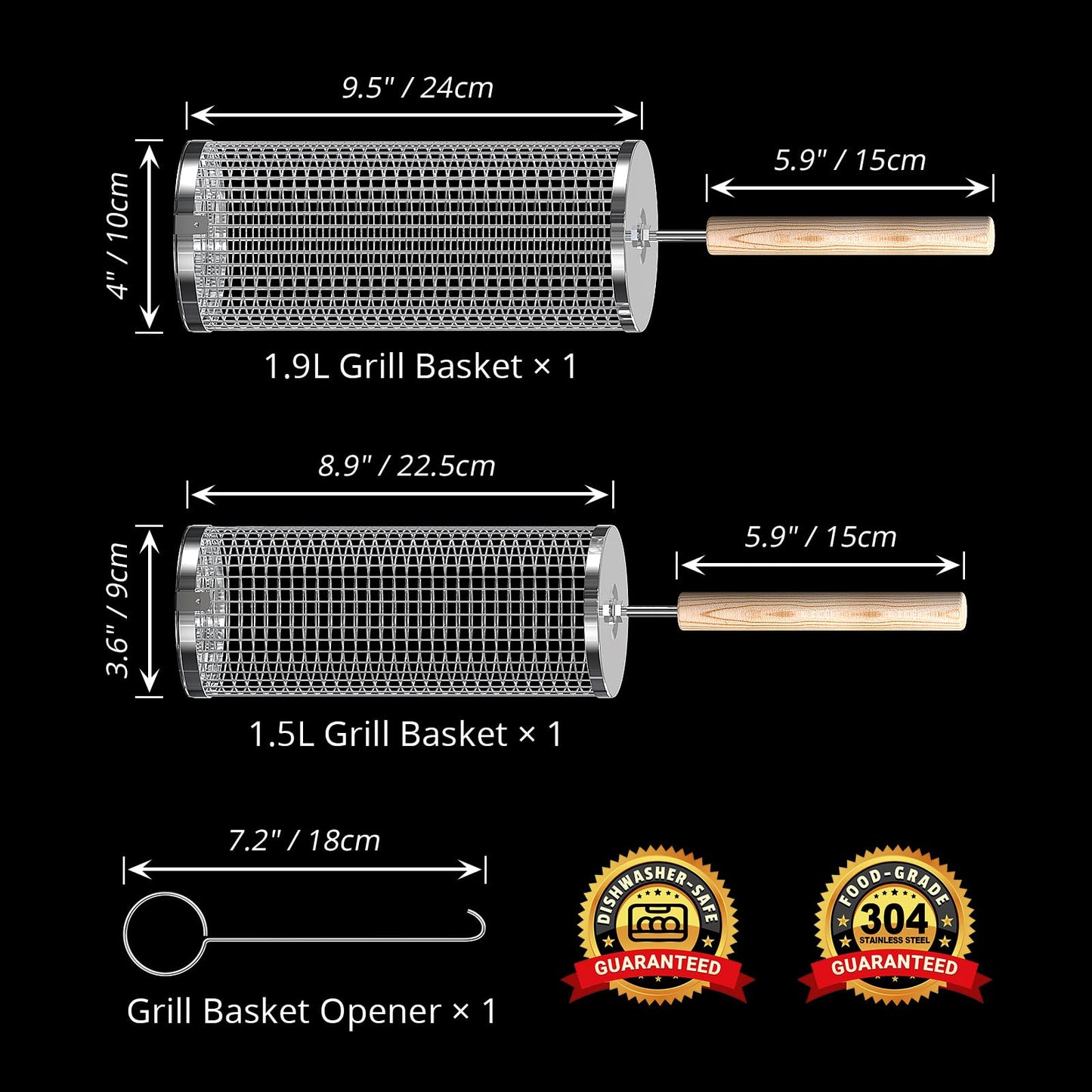 ivtivfu Rolling Grill Basket, Removable Wooden Handle, 304 Stainless Steel, Nesting Grilling Tools, Smoker BBQ Accessories for Vegetable, Outdoor Cooking Camping, Birthday Gifts for Men Dad Husband