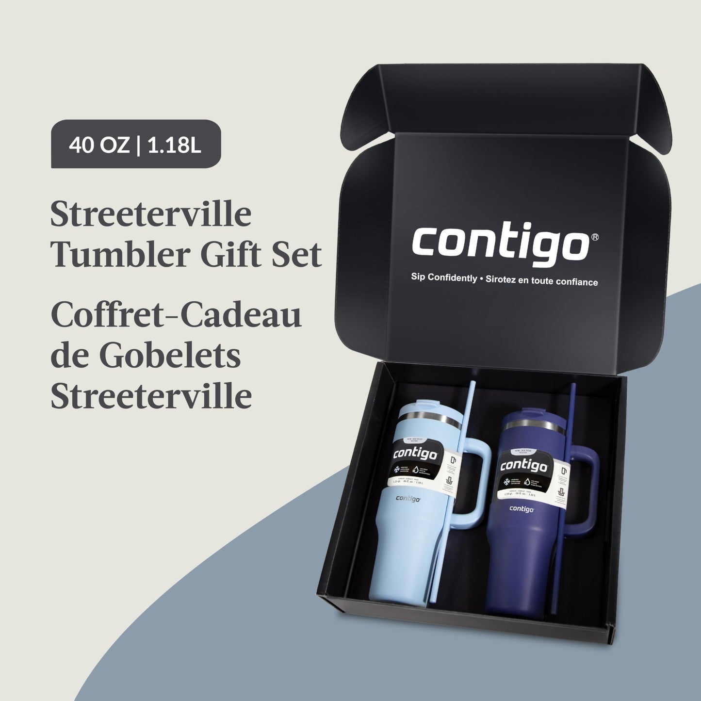 Contigo Streeterville Tumbler Giftset, 40 oz (1.18 L), Insulated Stainless Steel Water Bottle with Straw, Lid and Handle, Glacier & Indigo, 2 Pack 🍁 All In One Marketplace Canada