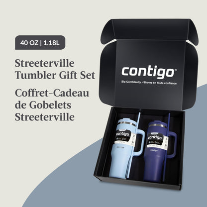 Contigo Streeterville Tumbler Giftset, 40 oz (1.18 L), Insulated Stainless Steel Water Bottle with Straw, Lid and Handle, Glacier & Indigo, 2 Pack 🍁 All In One Marketplace Canada