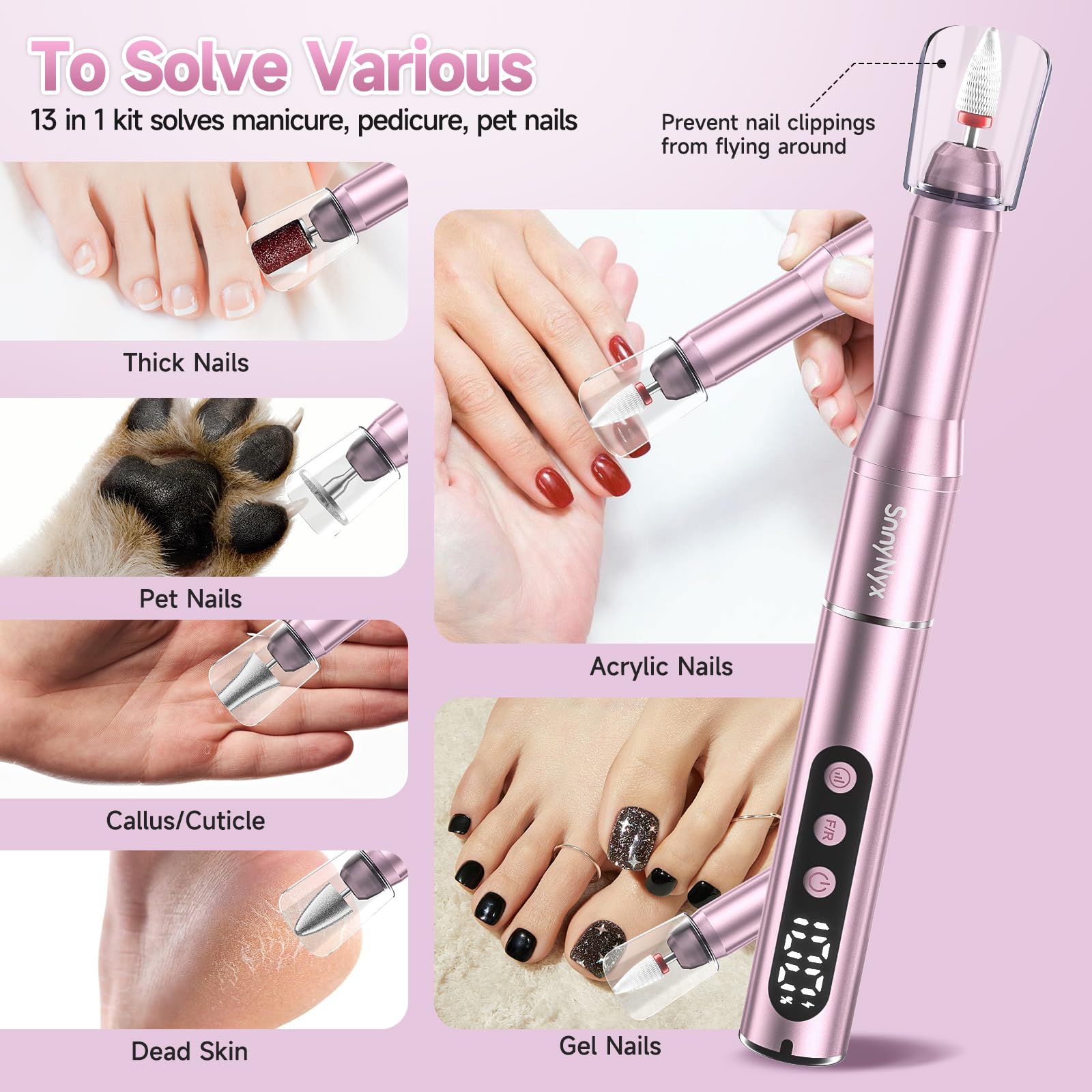 SnnyNyx Cordless Electric Nail Drill 35000 RPM, Professional Nail File Kit with LCD Display, 12 Bits & 36 Sanding Bands, Rechargeable Manicure Pedicure Kit for Acrylic Gel Nails, Salon & Home Use(Rose Gold) - Available at All In One Marketplace Canada
