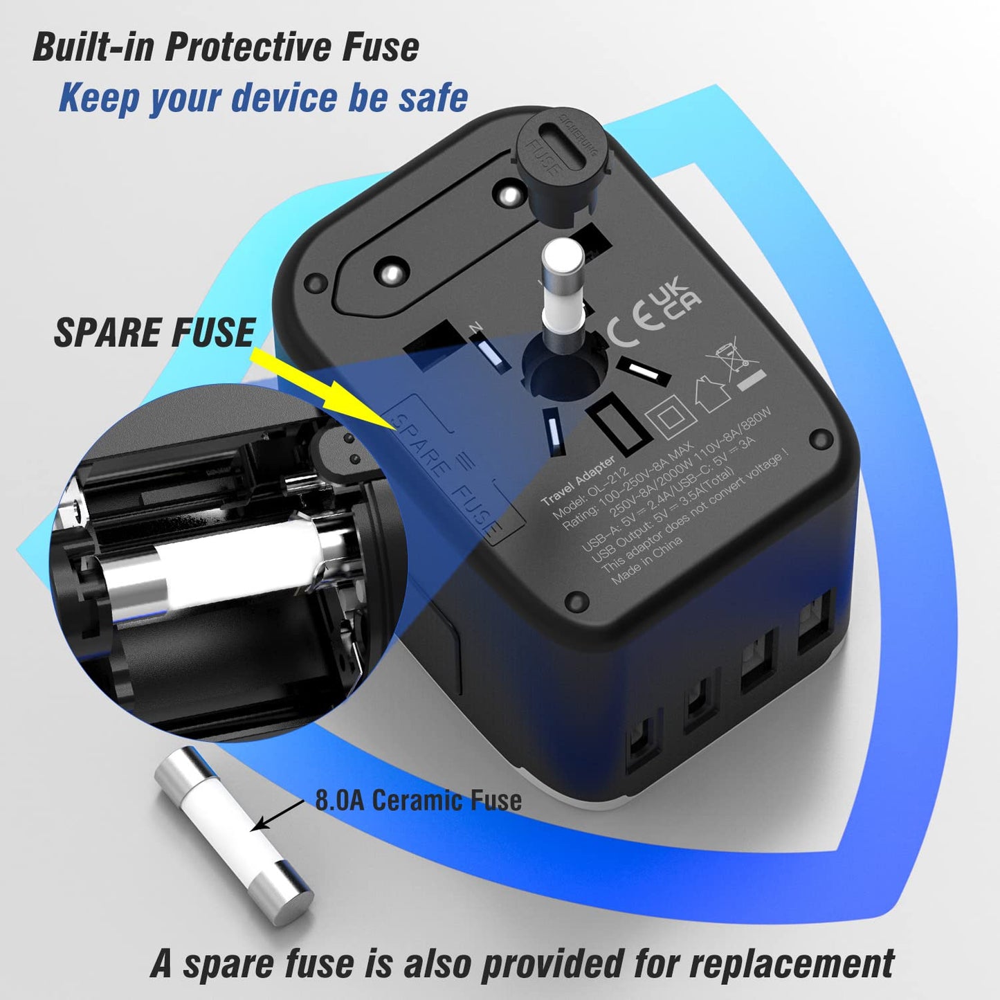RXSQUL Universal International Power Travel Plug Adapter, 5 in 1 European Travel Plug Adapter W/ 3.5A 2xUSB-A And 2xUSB C Wall Charger and Worldwide AC Outlet for Europe USA UK AUS Asia-Black
