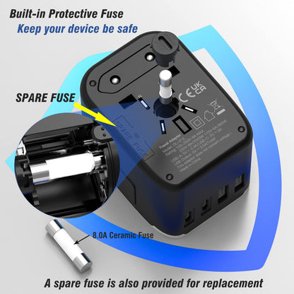 RXSQUL Universal International Power Travel Plug Adapter, 5 in 1 European Travel Plug Adapter W/ 3.5A 2xUSB-A And 2xUSB C Wall Charger and Worldwide AC Outlet for Europe USA UK AUS Asia-Black