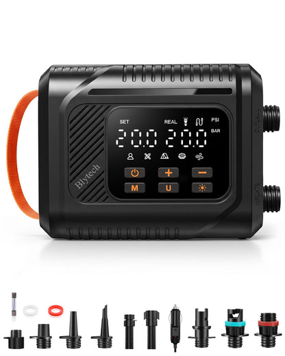 12V DC Paddle Board Pump, Electric Portable SUP Air Pump with Car Cigarette Lighter, Preset Pressure & Auto-Off, Dual-Stage Fast Inflate/Deflate, 20 PSI Max, 7 Nozzles for Paddleboards, Kayaks, Boats.