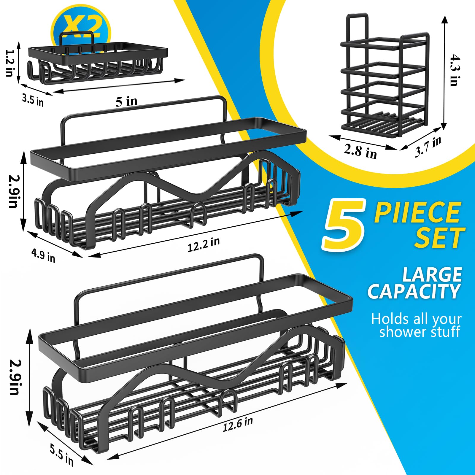 Coraje Adhesive Shower Caddy, 5-Pack Shower Shelves, Large Capacity Load Bearing 40 LBS Shower Organizer, No Drilling Shower Shelf, Rustproof Stainless Steel Bathroom Shower Storage, Black - Available at All In One Marketplace Canada