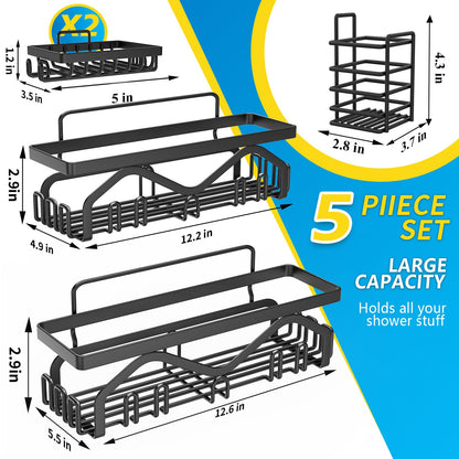 Coraje Adhesive Shower Caddy, 5-Pack Shower Shelves, Large Capacity Load Bearing 40 LBS Shower Organizer, No Drilling Shower Shelf, Rustproof Stainless Steel Bathroom Shower Storage, Black - Available at All In One Marketplace Canada