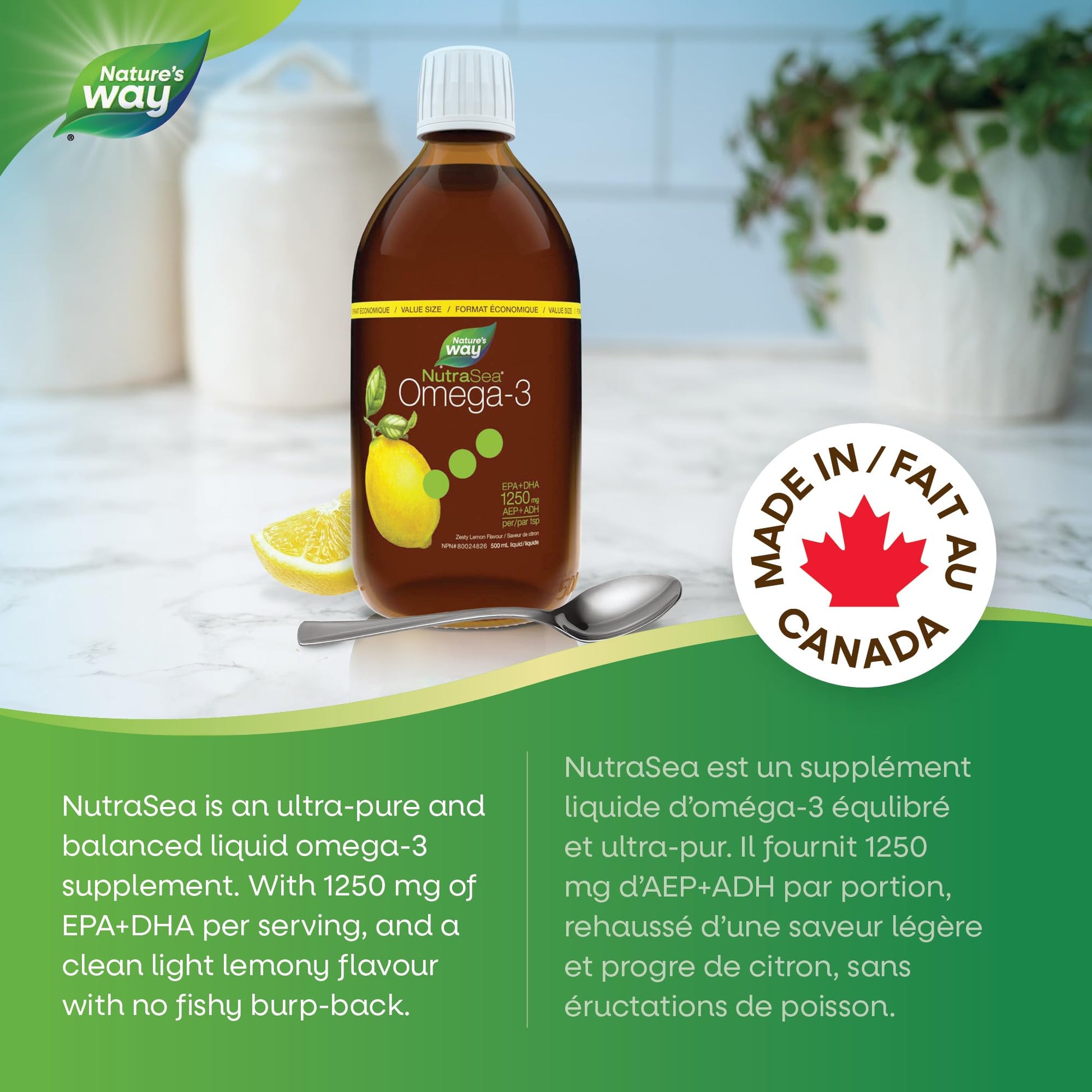 Nature's Way NutraSea Omega 3 Fish Oil Liquid Supplement – Zesty Lemon Flavour, Non-GMO – Heart & Brain Support – EPA & DHA, 500 mL