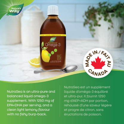 Nature's Way NutraSea Omega 3 Fish Oil Liquid Supplement – Zesty Lemon Flavour, Non-GMO – Heart & Brain Support – EPA & DHA, 500 mL